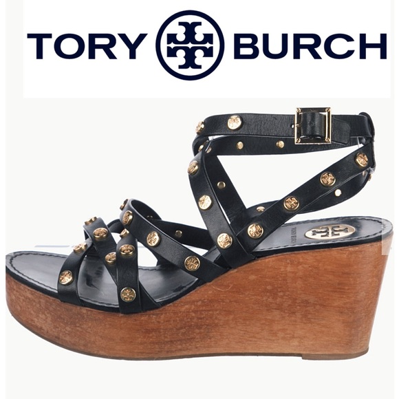 Tory Burch Shoes - Tory Burch Women's Black Leather Studded Wedge Sandals